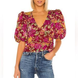 Revolve LPA Ada Puff Sleeve Pink Floral Wrap Crop Blouse